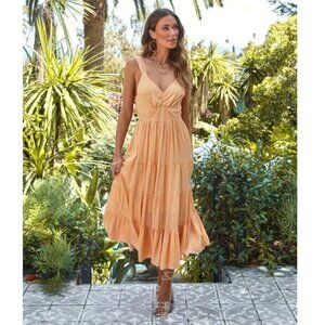 VICI Matilda Gingham Back Tie Midi Dress in Marigold SzM RRP74